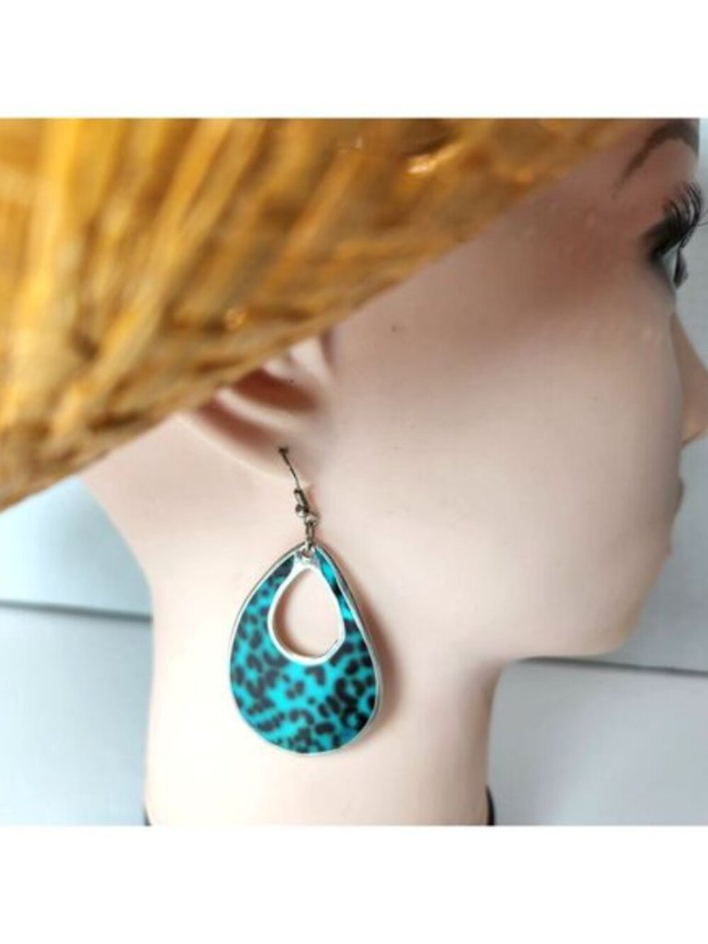 Teardrop Mother of Pearl Earrings Blue Leopard Print Dangle Hook 2.25” Boho Chic